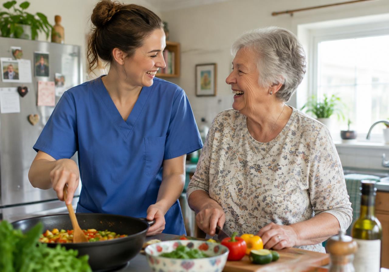 A caregiver in blue scrubs cooking and laughing with an older woman in a home kitchen