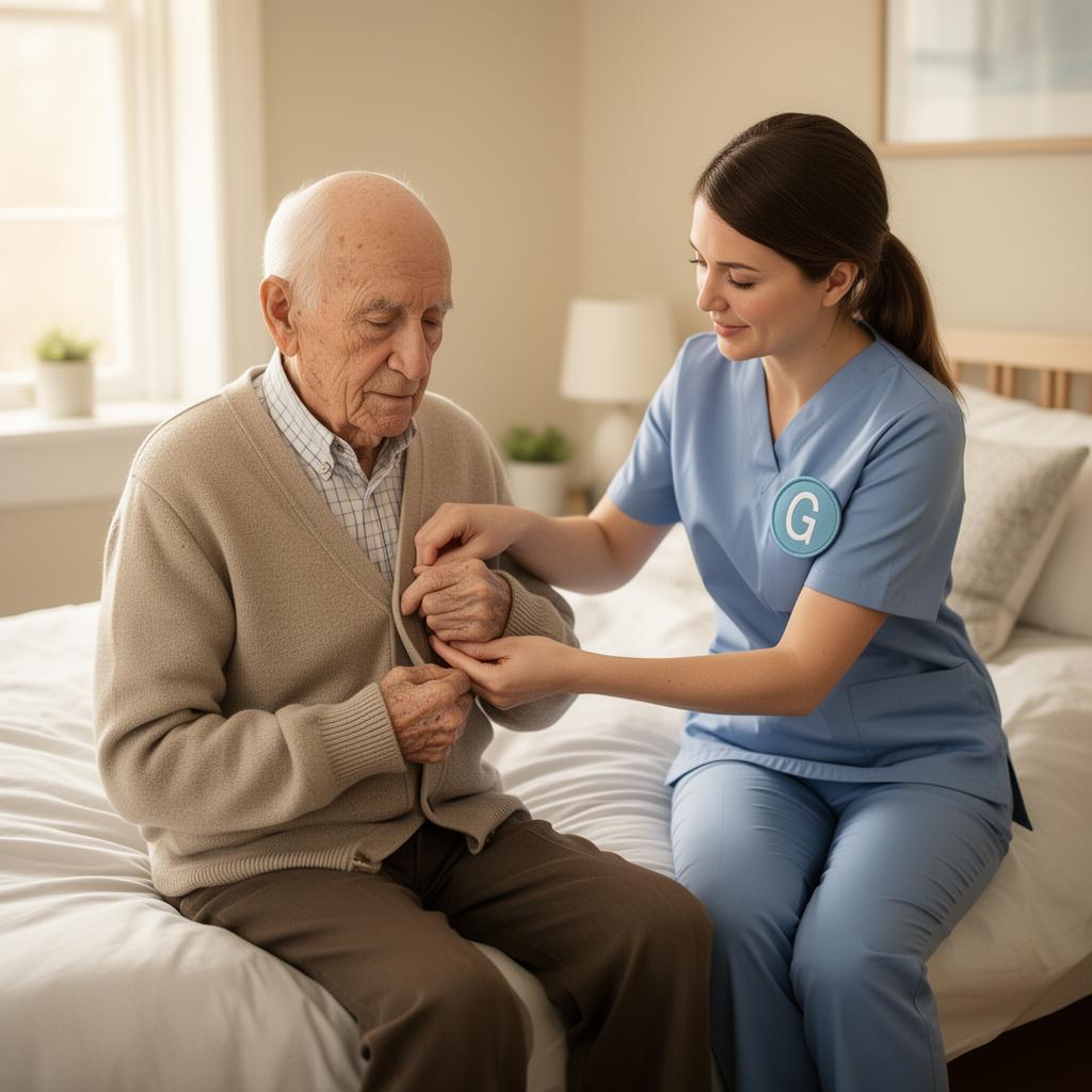 A caregiver in blue scrubs gently helping an older man button his cardigan while he sits on the edge of a bed