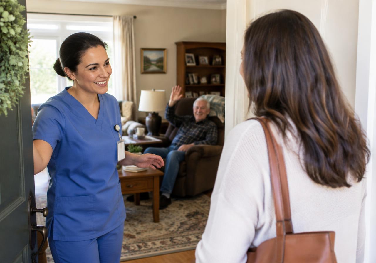 A caregiver in blue scrubs greeting a daughter at the front door while her father waves from his armchair
